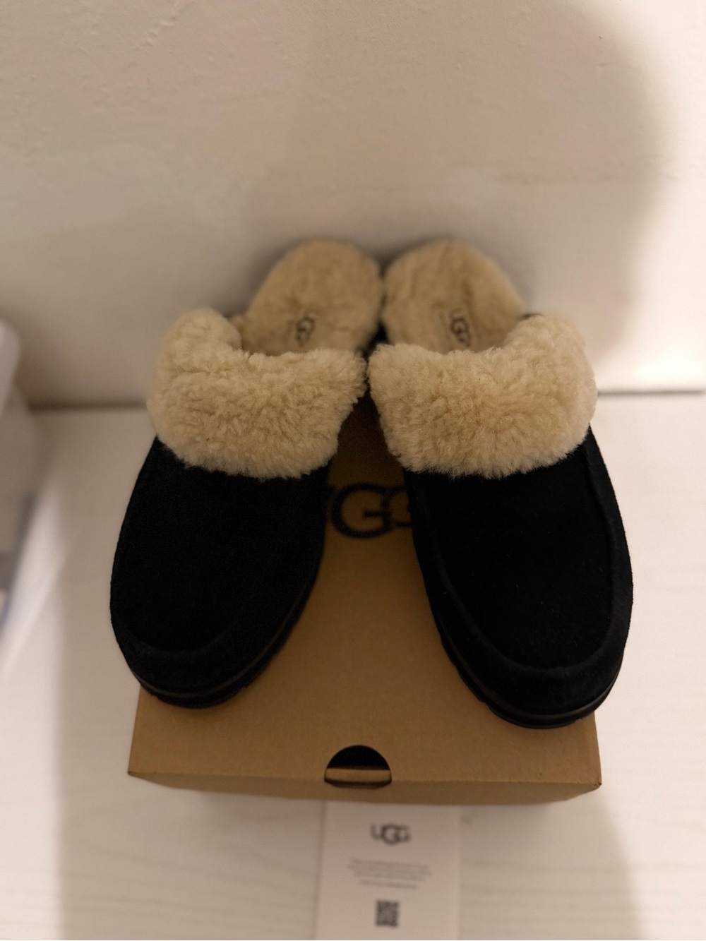 UGG Black Suede Slippers with Cream Shearling Collar